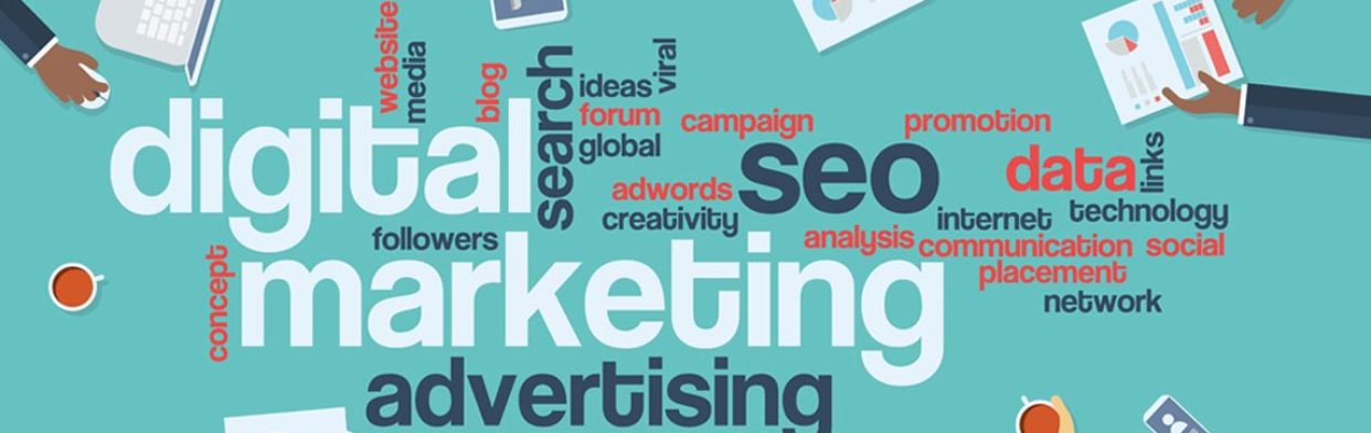An illustration with the words Digital Marketing on it and SEO